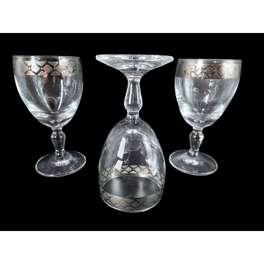 Lavorato A Mano Italy Vintage Clear Wine Goblets Silver Gilt Rim Stemware - Picture 3 of 5